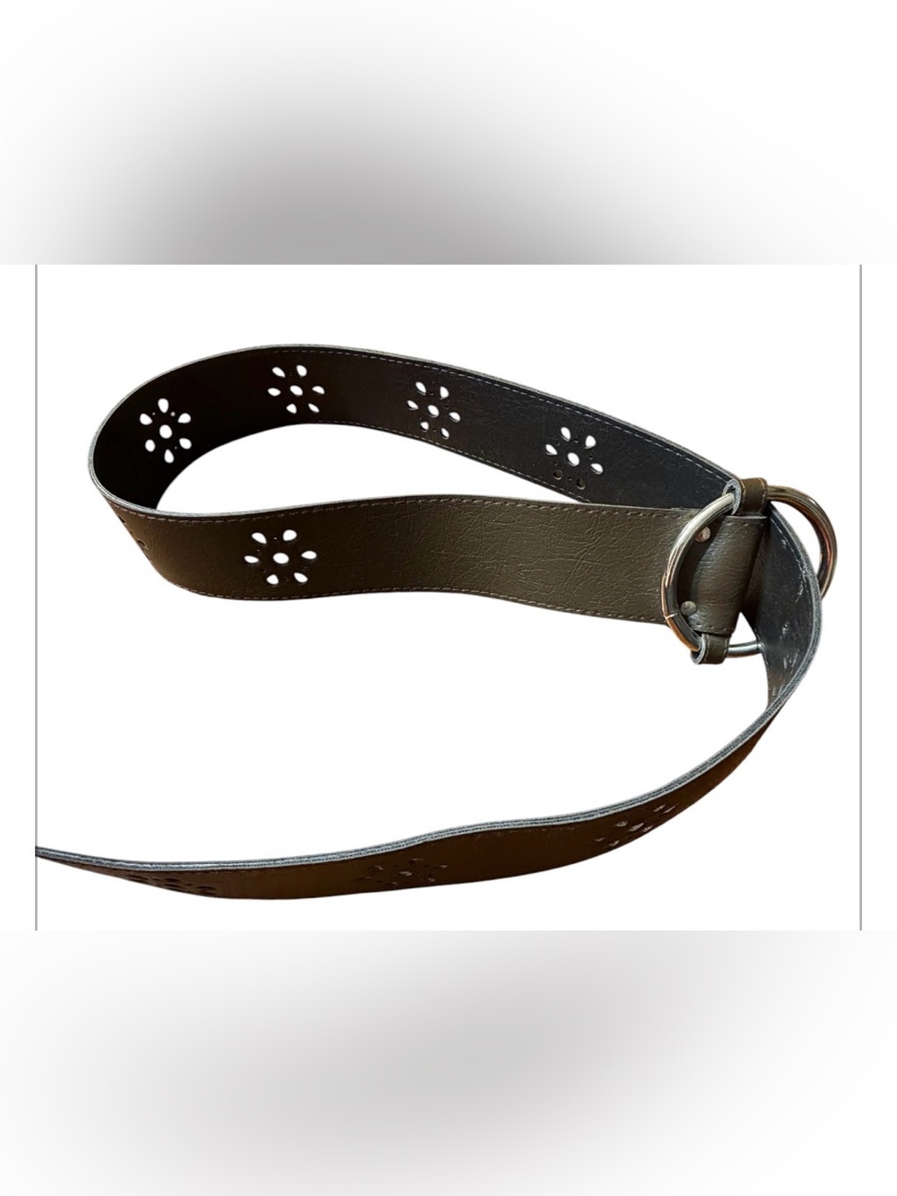 Women's Brown Leather Floral Cutout Belt with Double Ring Buckle